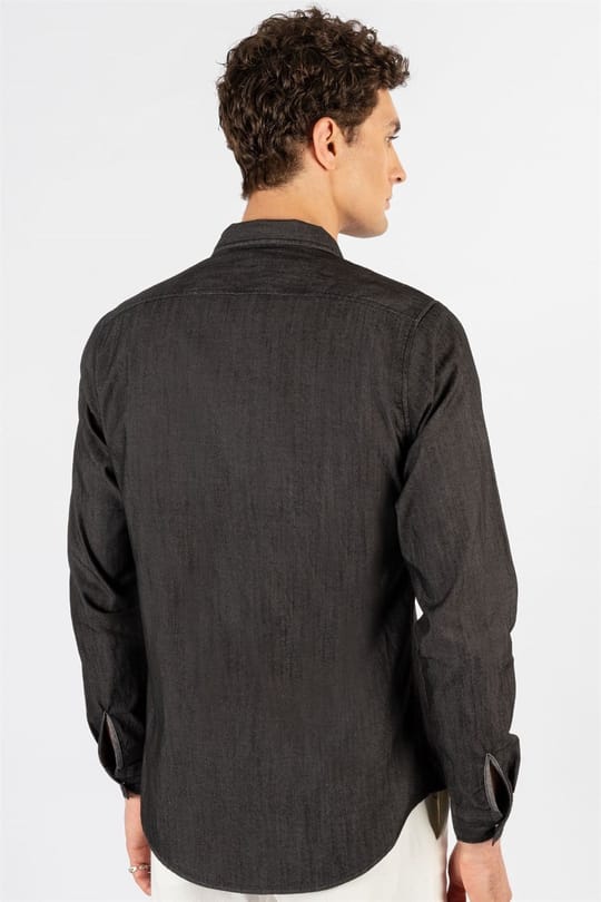 Slim Fit Uzun Kollu Dar Kesim Çıtçıtlı Düz Denim Kot Yıkamalı Erkek Siyah Gömlek