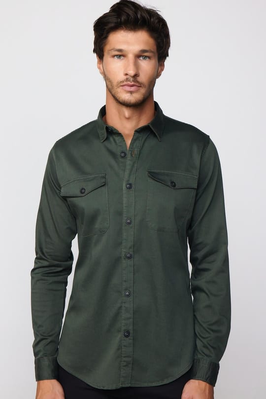 Slım Fit Uzun Kollu Düz Denim Kot Cepli Gabardin Erkek Haki Gömlek