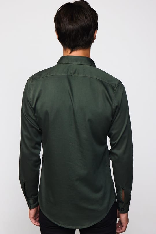Slım Fit Uzun Kollu Düz Denim Kot Cepli Gabardin Erkek Haki Gömlek