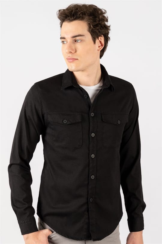Slim Fit Uzun Kollu Denim Kot Düz Cepli Gabardin Erkek Siyah Gömlek