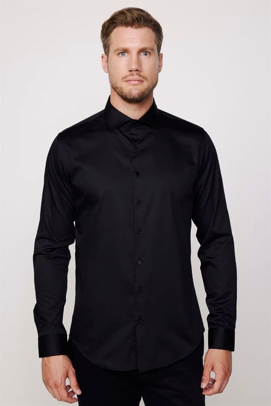 Erkek Slim Fit Dar Kesim %100 Pamuk Koton Saten Premium Seri Siyah Gömlek