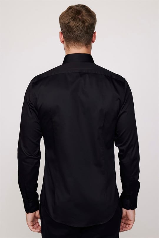 Erkek Slim Fit Dar Kesim %100 Pamuk Koton Saten Premium Seri Siyah Gömlek