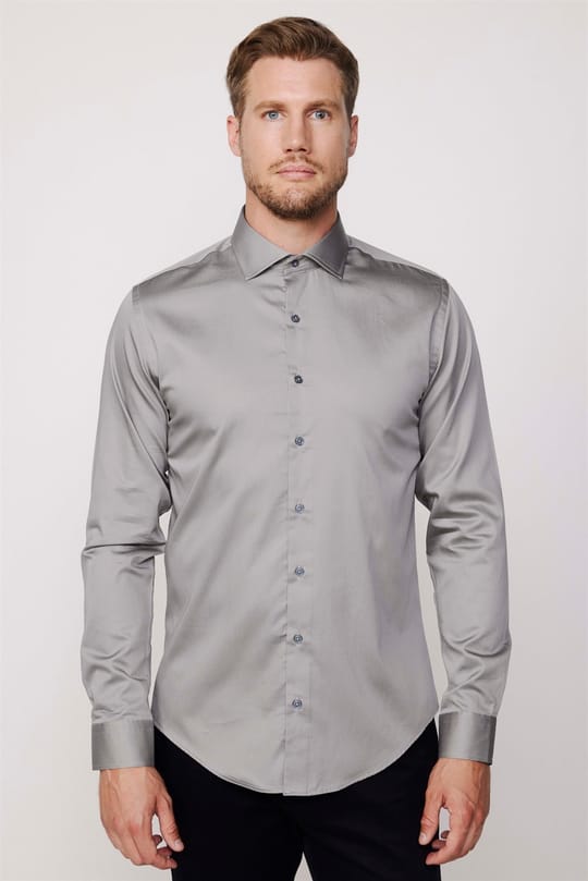 Erkek Slim Fit Dar Kesim %100 Pamuk Koton Saten Premium Seri Gri Gömlek