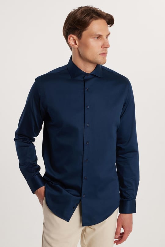 Erkek Slim Fit Dar Kesim %100 Pamuk Koton Saten Premium Seri Lacivert Gömlek