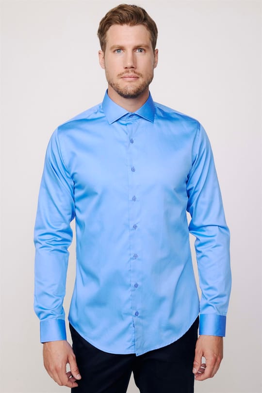 Erkek Slim Fit Dar Kesim %100 Pamuk Koton Saten Premium Seri Mavi Gömlek
