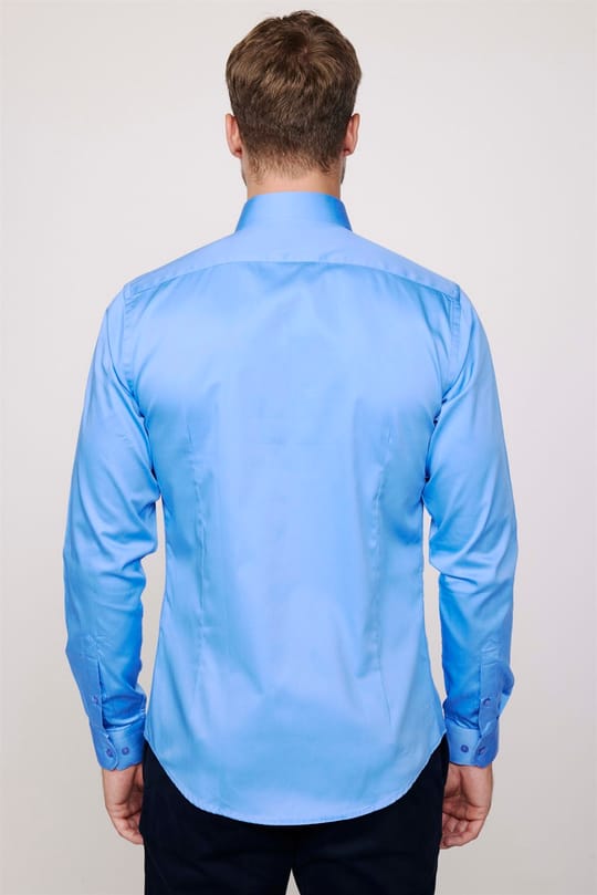 Erkek Slim Fit Dar Kesim %100 Pamuk Koton Saten Premium Seri Mavi Gömlek