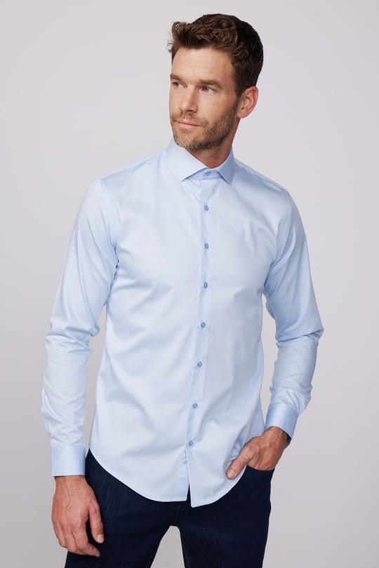 Erkek Slim Fit Dar Kesim %100 Pamuk Koton Saten Premium Seri Mavi Gömlek