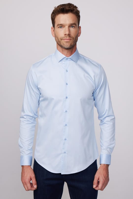 Erkek Slim Fit Dar Kesim %100 Pamuk Koton Saten Premium Seri Mavi Gömlek