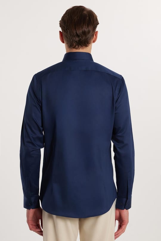Erkek Slim Fit Dar Kesim %100 Pamuk Koton Saten Premium Seri Lacivert Gömlek