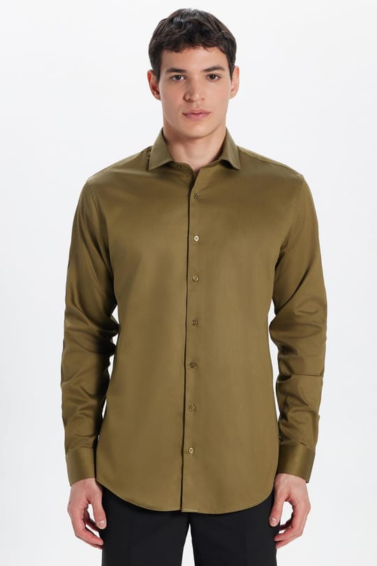 Erkek Slim Fit Dar Kesim %100 Pamuk Koton Saten Premium Seri Yeşil Gömlek