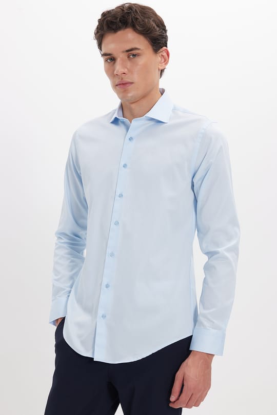 Erkek Slim Fit Dar Kesim %100 Pamuk Koton Saten Premium Seri Mavi Gömlek