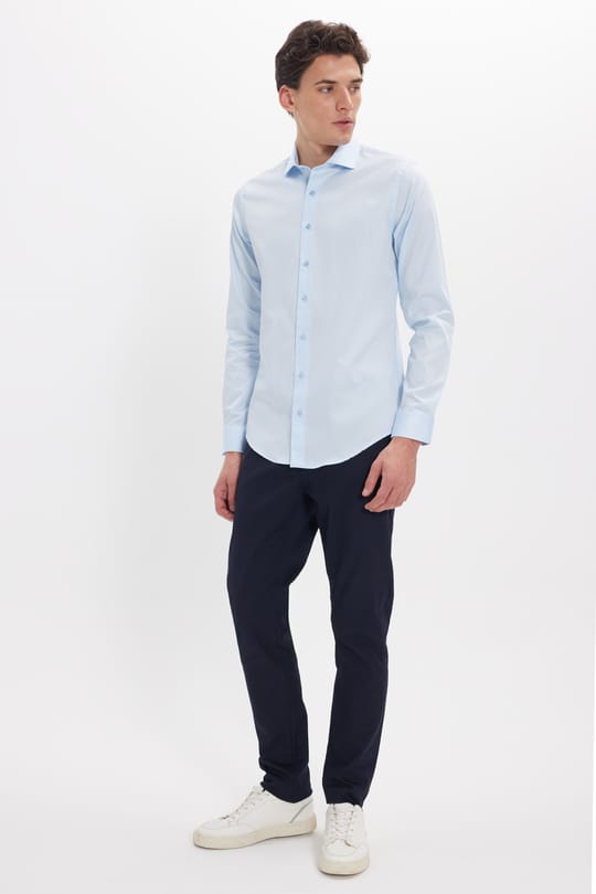 Erkek Slim Fit Dar Kesim %100 Pamuk Koton Saten Premium Seri Mavi Gömlek