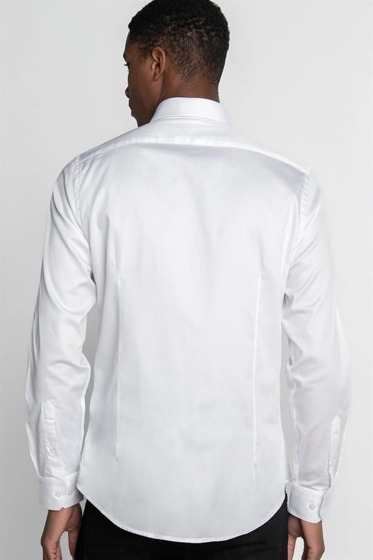 Slim Fit Uzun Kollu %100 Koton Saten Premium Erkek Beyaz Gömlek