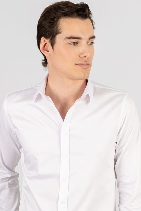 Slim Fit Uzun Kollu %100 Koton Saten Premium Erkek Beyaz Gömlek