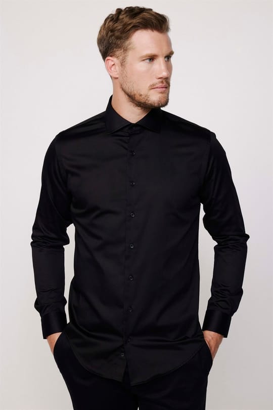 Slim Fit Uzun Kollu %100 Koton SatenPremium Erkek Siyah Gömlek