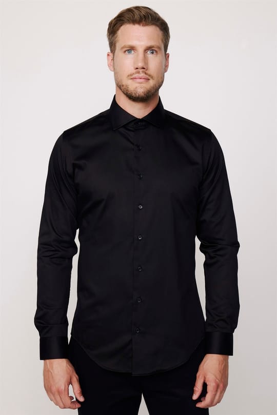 Slim Fit Uzun Kollu %100 Koton SatenPremium Erkek Siyah Gömlek