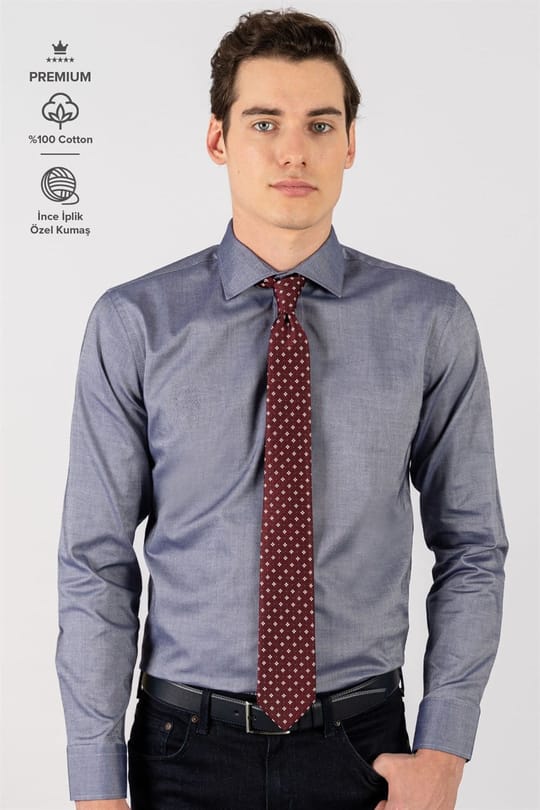 Slim Fit Uzun Kollu Premium Seri %100 Cotton Erkek Lacivert Gömlek