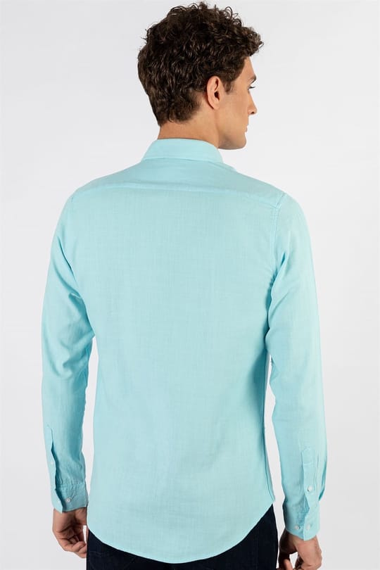 Erkek Slim Fit Dar Kesim Uzun Kollu %100 Pamuk Keten Doku Düğmeli Yaka Turkuaz Gömlek