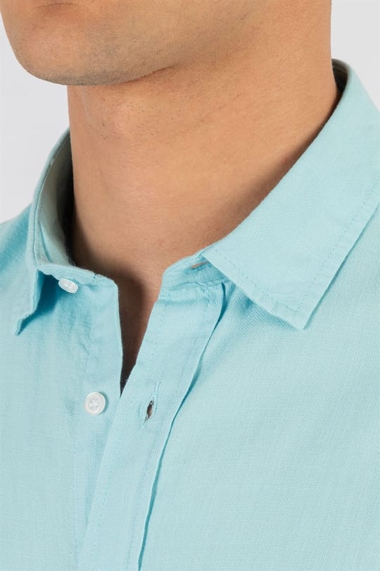 Erkek Slim Fit Dar Kesim Uzun Kollu %100 Pamuk Keten Doku Düğmeli Yaka Turkuaz Gömlek