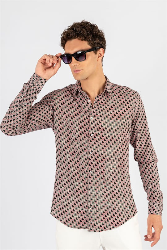 Slim Fit Uzun Kollu Yazlık Baskılı Vıskon Erkek Gömlek