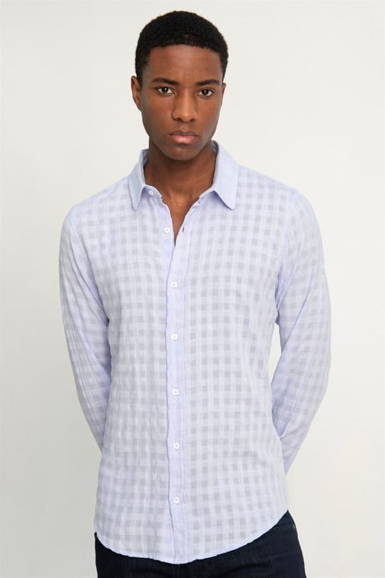Slim Fit Uzun Kollu Dar Kalıp Pamuk Gofreli Desenli Erkek Lila Gömlek