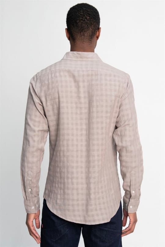 Slim Fit Uzun Kollu Dar Kalıp Pamuk Gofreli Desenli Erkek Kahve Gömlek