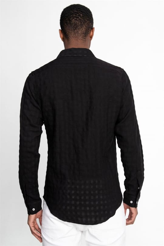 Slim Fit Uzun Kollu Dar Kalıp Pamuk Gofreli Desenli Erkek Siyah Gömlek