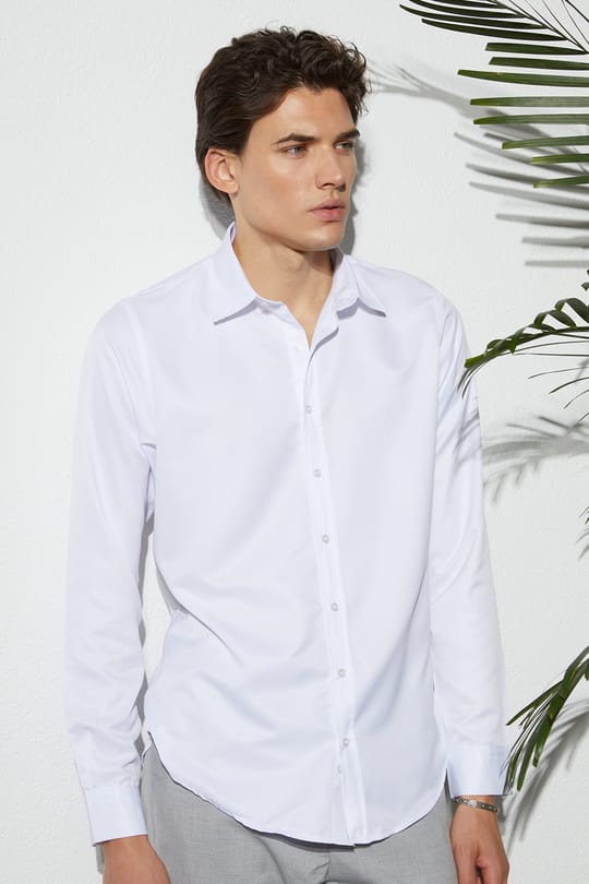 Slim Fit Kolay Ütü Teri Emen Nefes Alan Doku Kravatlık Dört Mevsim  Erkek Gömlek