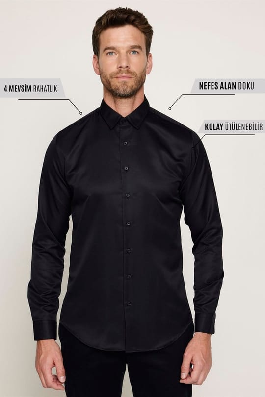 Slim Fit Kolay Ütü Teri Emen Nefes Alan Doku Kravatlık Dört Mevsim  Erkek Gömlek