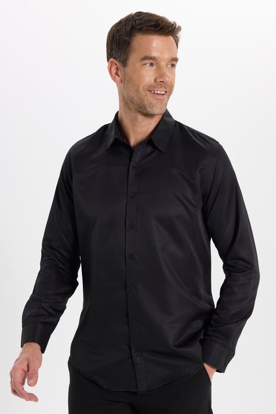 Slim Fit Kolay Ütülenebilir Ter Konforu Sağlayan Kravatlık Yaka Dört Mevsim Siyah Erkek Gömlek