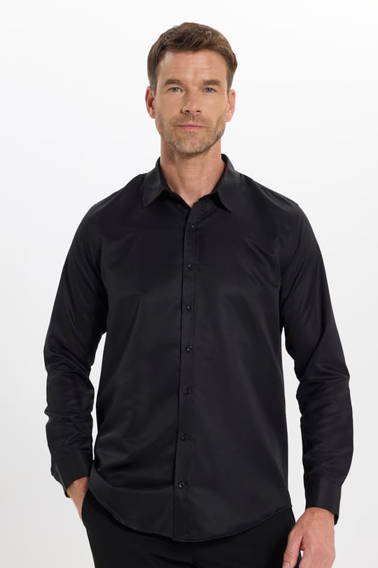 Slim Fit Kolay Ütülenebilir Ter Konforu Sağlayan Kravatlık Yaka Dört Mevsim Siyah Erkek Gömlek