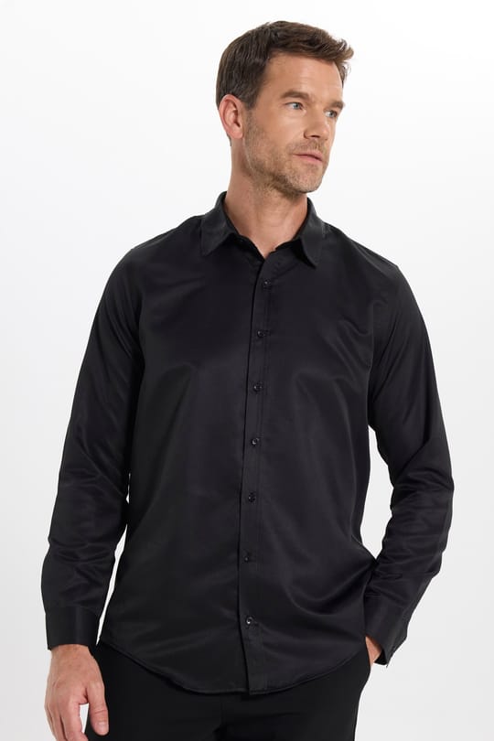 Slim Fit Kolay Ütülenebilir Ter Konforu Sağlayan Kravatlık Yaka Dört Mevsim Siyah Erkek Gömlek