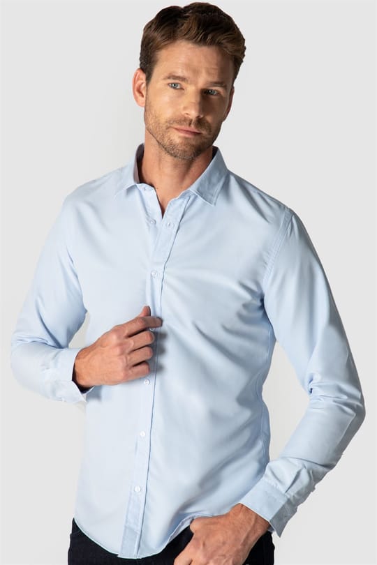 Slim Fit Kolay Ütülenebilir Ter Konforu Sağlayan Kravatlık Yaka Dört Mevsim Mavi Erkek Gömlek