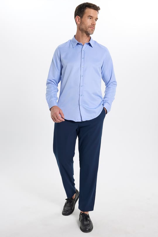 Slim Fit Kolay Ütülenebilir Ter Konforu Sağlayan Kravatlık Yaka Dört Mevsim Mavi Erkek Gömlek