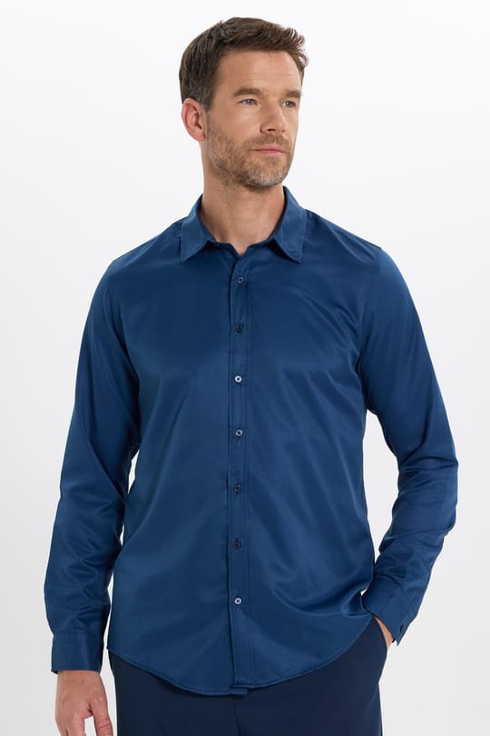 Slim Fit Kolay Ütülenebilir Ter Konforu Sağlayan Kravatlık Yaka Dört Mevsim Lacivert Erkek Gömlek