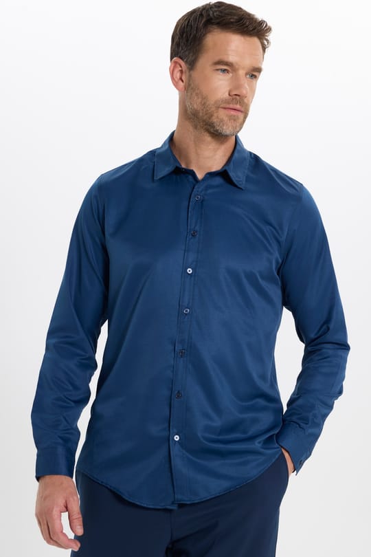 Slim Fit Kolay Ütülenebilir Ter Konforu Sağlayan Kravatlık Yaka Dört Mevsim Lacivert Erkek Gömlek