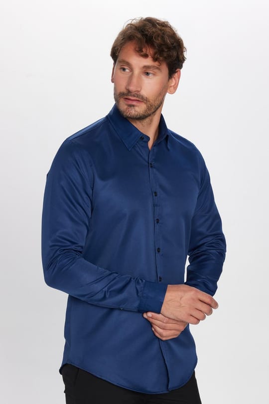 Slim Fit Uzun Kollu Kolay Ütü Teri Emen Nefes Alan Doku Kravatlık Dört Mevsim Lacivert Erkek Gömlek