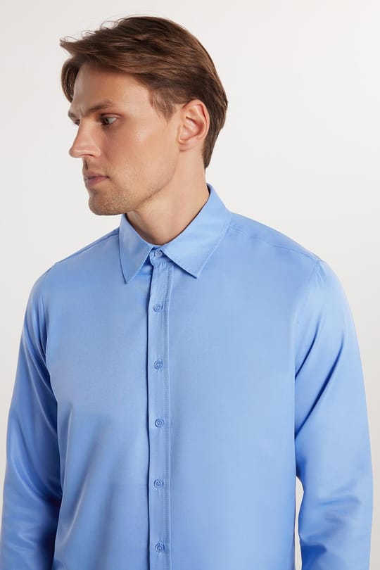 Slim Fit Kolay Ütü Teri Emen Nefes Alan Doku Kravatlık Dört Mevsim  Erkek Gömlek