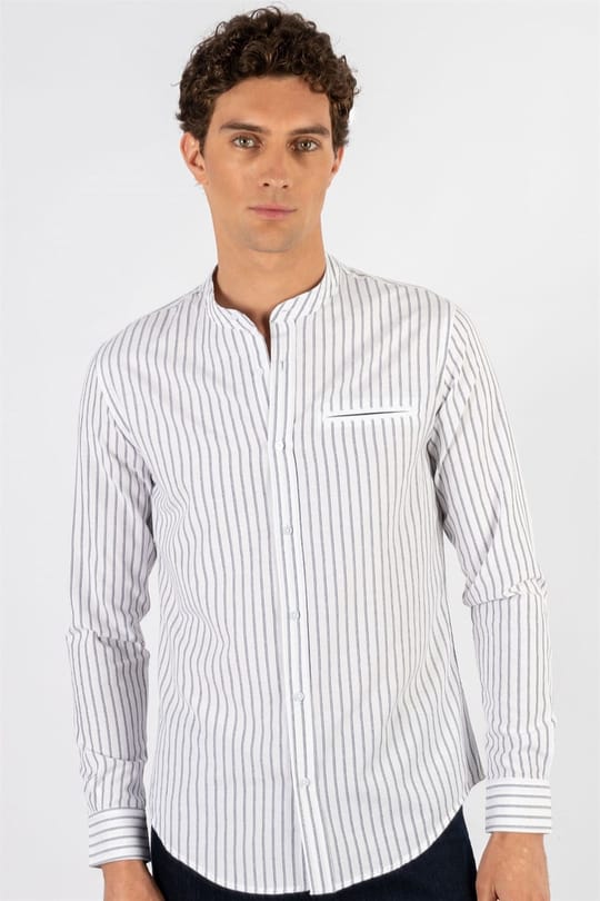 Slim Fit Uzun Kol Hakim Yaka Gizli Cep Çizgili Erkek Gömlek
