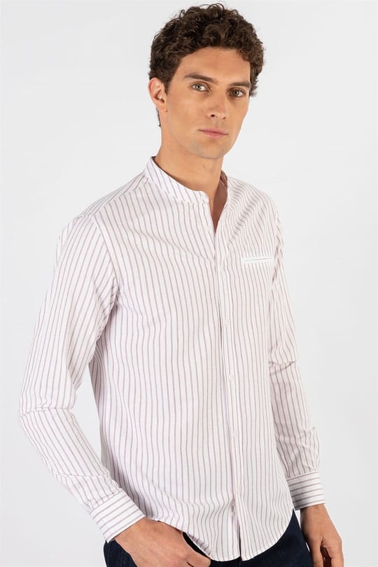 Slim Fit Uzun Kol Hakim Yaka Gizli Cep Çizgili Erkek Gömlek