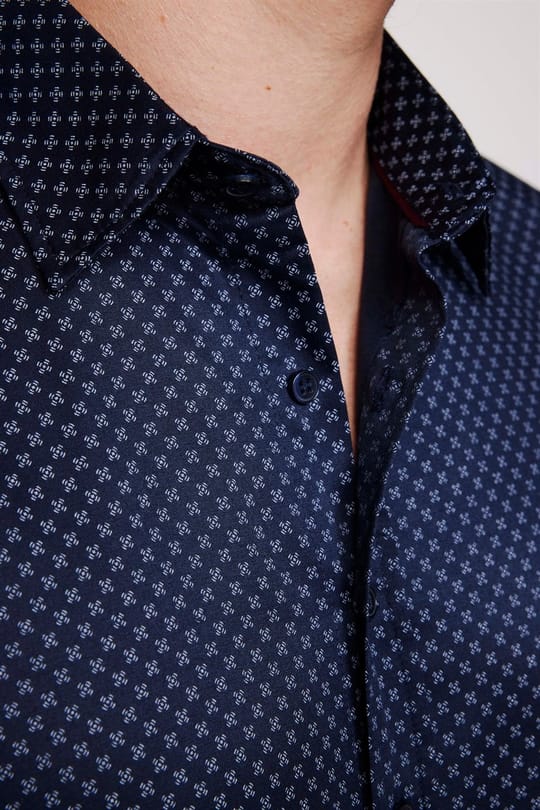 Slim Fit Uzun Kollu Pamuklu Kolay Ütü Desenli Erkek Lacivert Gömlek