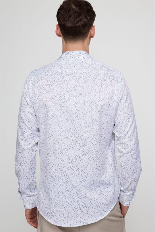 Slim Fit Uzun Kollu Pamuklu Kolay Ütü Desenli Erkek Beyaz Gömlek