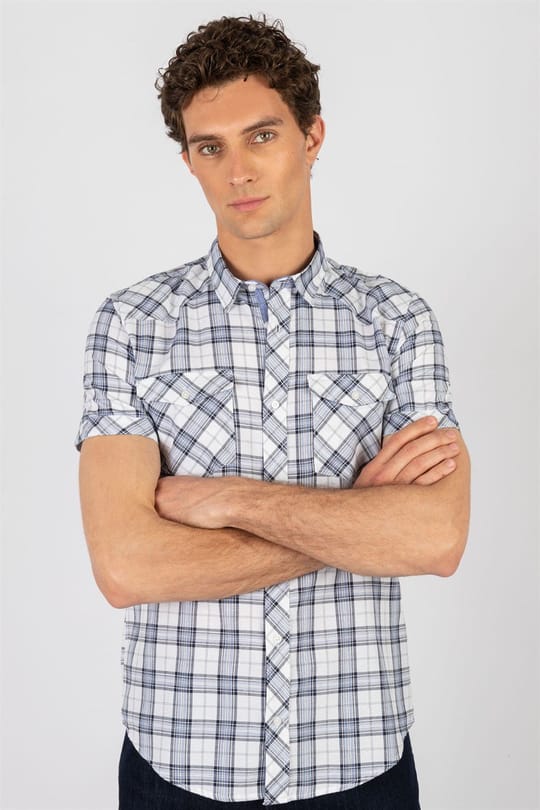 Slim Fit Kısa Kol Ekose Çift Cep Kapaklı Teksas Model Erkek Gömlek
