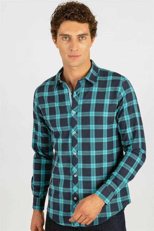 Slim Fit Uzun Kol Ekose Biyeli Erkek Gömlek