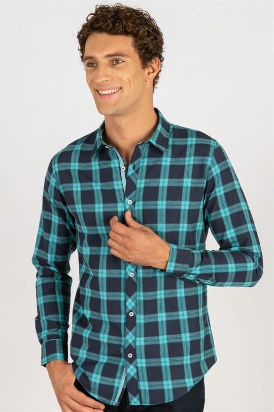 Slim Fit Uzun Kollu Kareli Pamuklu Kolay Ütü Erkek Gömlek