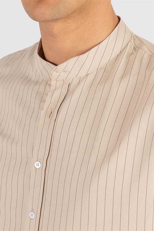 Slim Fit Uzun Kollu Hakim Yaka Pamuklu Kolay Ütü Çizgili Erkek Taş Gömlek