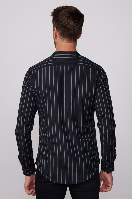 Slim Fit Uzun Kollu Hakim Yaka Pamuklu Kolay Ütü Çizgili Erkek Siyah Gömlek