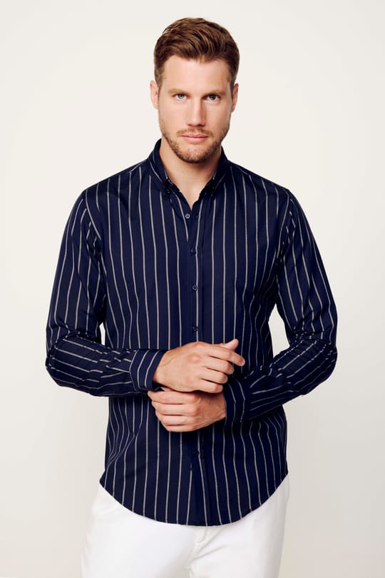 Slim Fit Pamuklu Kolay Ütü Çizgili Lacivert Erkek Gömlek