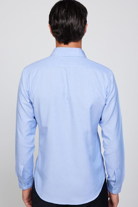 Slim Fit Uzun Kollu Düğmeli Yaka Pamuklu Kolay Ütü Düz Mavi Erkek Gömlek