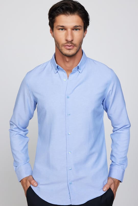 Slim Fit Uzun Kollu Düğmeli Yaka Pamuklu Kolay Ütü Düz Mavi Erkek Gömlek